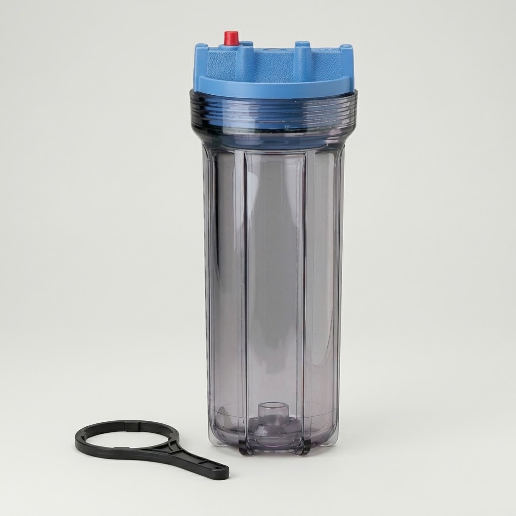 Porte de filtre 10" transparent avec tête bleue, raccords entrée/sortie 3/4" en plastique et bouton rouge de décompression.