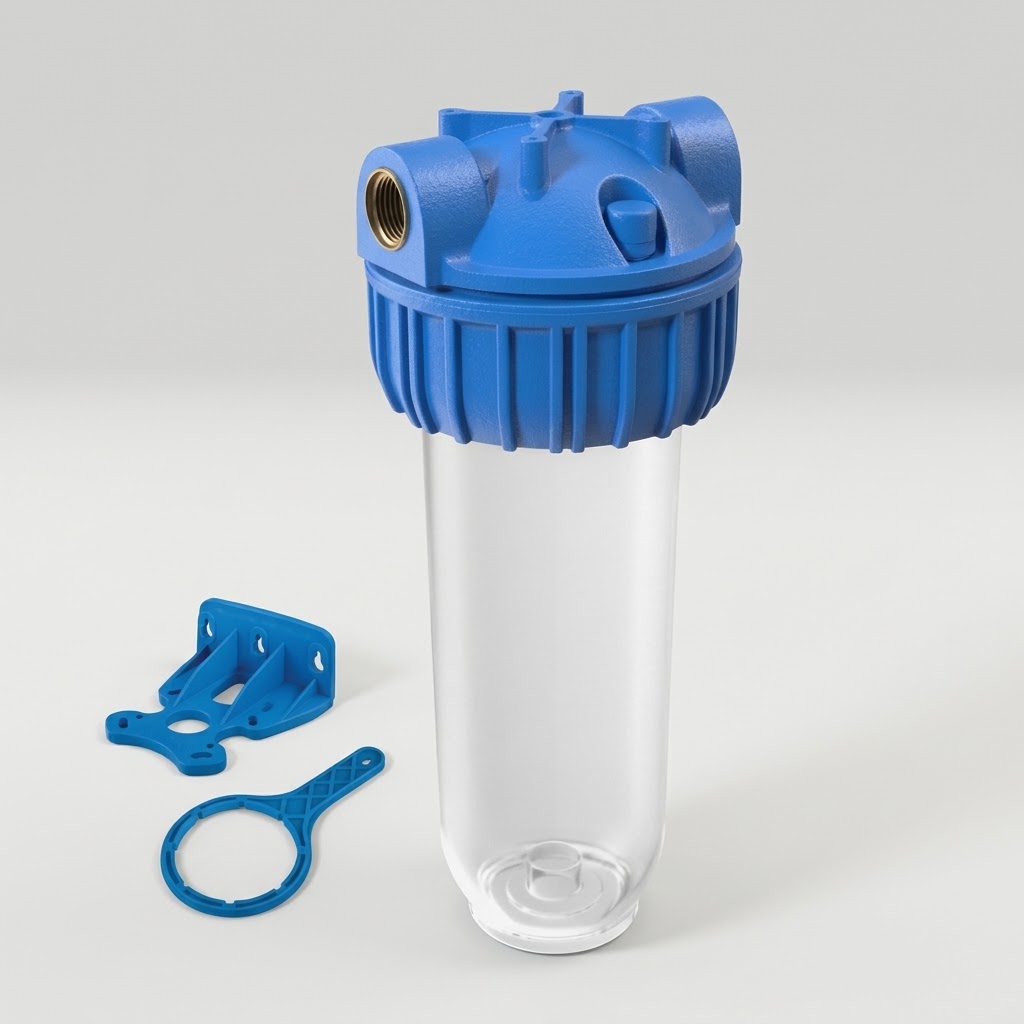 Porte-filtre transparent 10", raccordement (3/4" en laiton), clé de serrage et support de fixation, avec boîte couleur,