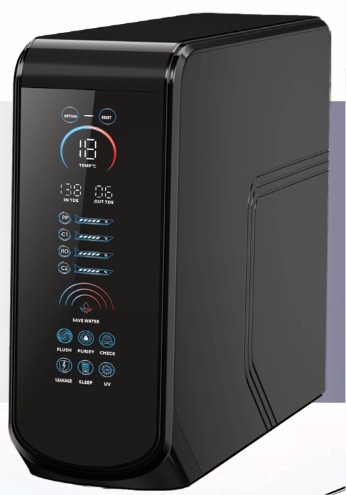 Système d’osmose inverse (RO) 600 GPD (Prestige P01-101-01) – Capacité : 600 GPD – Débit direct (Flow Direct) – Robinet digital intelligent – Stérilisation UV intégrée – Finition noire